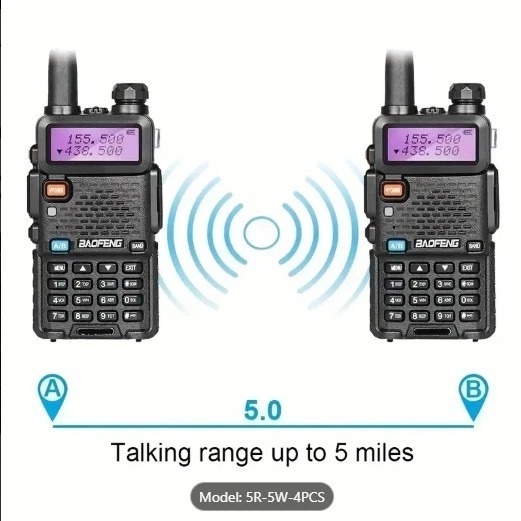 Two UV-5R radios communicating, talking range up to 5 miles